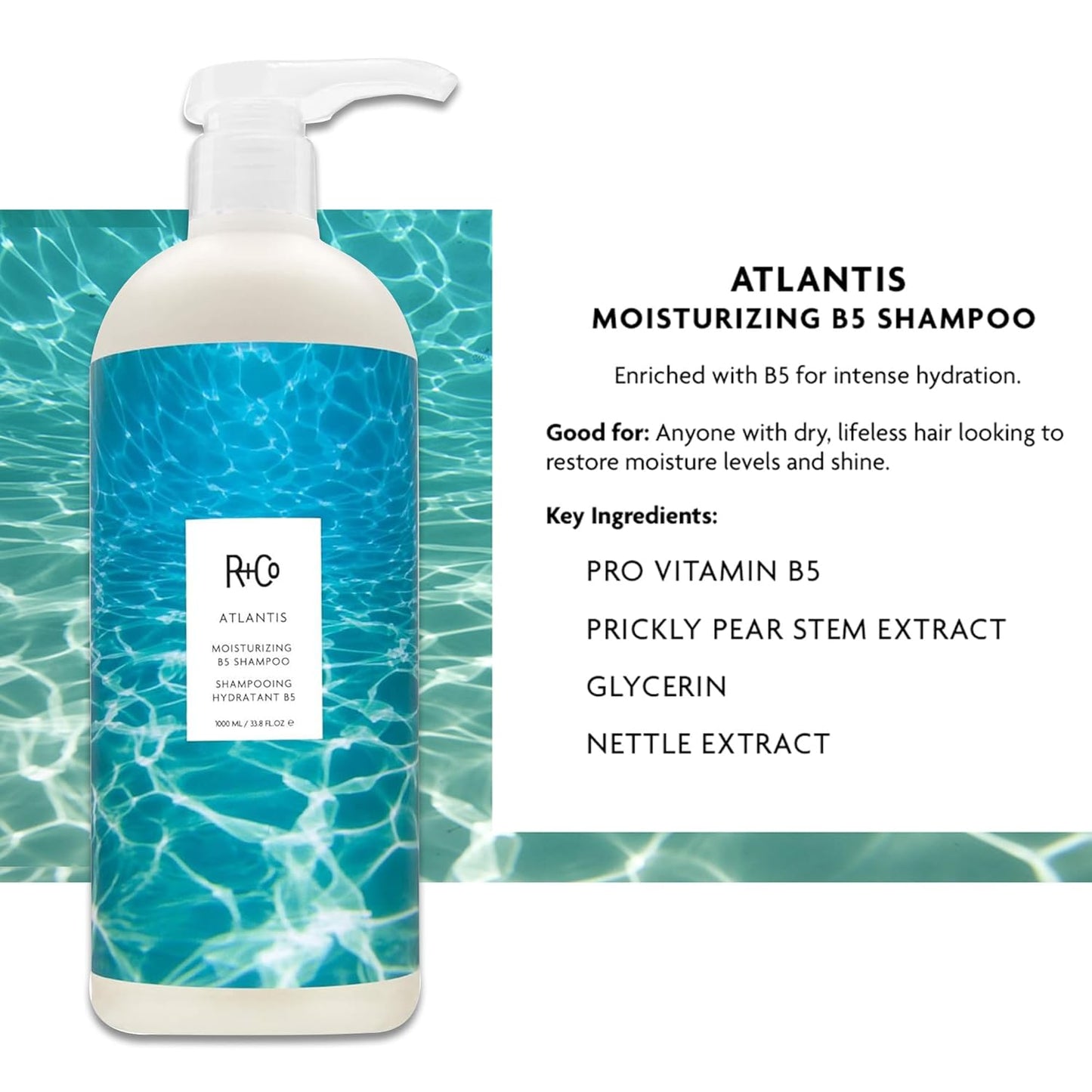 R+Co Atlantis Moisturizing B5 Hair Shampoo and Conditioner Set (1 Liter) + R+Co High Dive Travel Size (.5 Oz) | Body + Shine + Smoothing for All Hair Types | Vegan + Cruelty-Free |