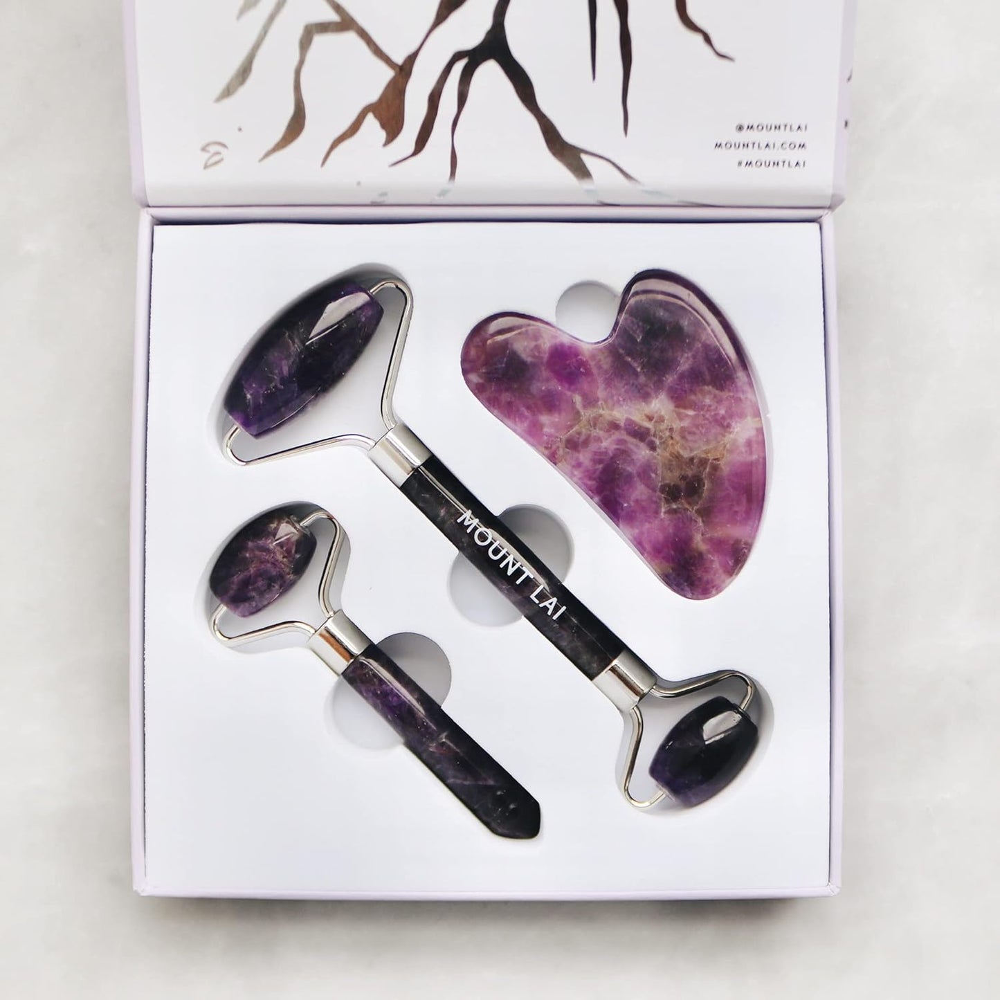 Mount Lai Amethyst Trio Calming Facial Set, Facial Roller and Amethyst Gua Sha Facial Tools Set, Guasha Tool for Face to Relieve Muscle Tension and Reduce Puffiness, Anti Aging Skin Care Sets