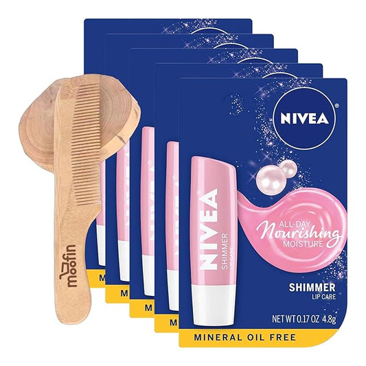 Nivea Lip Balm Shimmer Lip Care, 0.17 Oz Stick For Soft, Radiant Lips, Long-Lasting Hydration With Pearly Shimmer, Mineral Oil-Free, Lip Balm Hydrating - Bundles With Wooden Comb, [Pack Of 5]