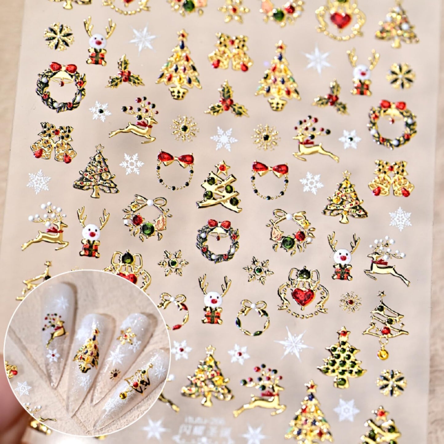 Christmas Nail Stickers for Nail Art Glitter Gold Cute Reindeer Christmas Tree Wreath Nail Art Stickers Xmas 5D Embossed Nail Decals 3D Self-Adhesive Nails Supply Manicure Sliders for Nails Decoration