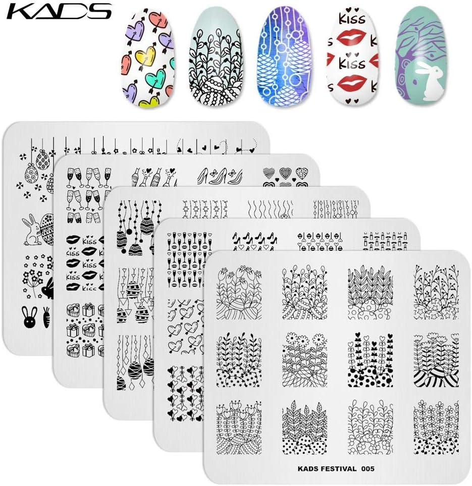 KADS 5Pcs/Set Nail Art Stamping Plate Nail Art Template Decoration Tool Flower Rabbit Kiss Heart Image Plate