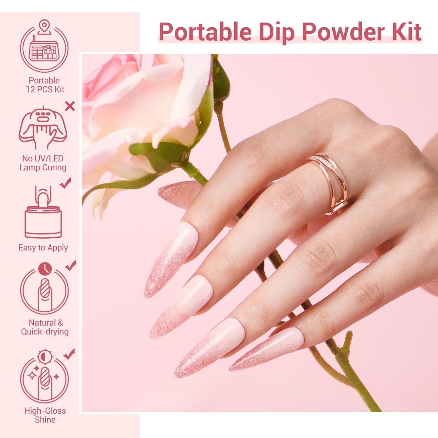 AZUREBEAUTY Dip Powder Nail Kit,4 Colors Nude Pink Glitter Hues,Starter Set for French Nails & All Seasons,Includes Base Coat, Top Coat, Activator & DIY Salon Liquids