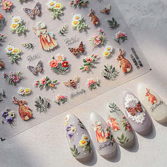 5D Embossed Flower Nail Stickers Decals Pastoral Style Nail Art Cute Bee Rabbit Butterfly Stickers for Nails Designs Self Adhesive Nail Art Supplies & Decorations for Women Girls 1 Sheet