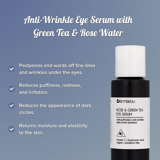Eye Serum Anti Aging Rose and Green Tea 1.33 OZ with Hyaluronic Acid, Vitamin C and E Anti Puffiness, Anti Wrinkle, Dark Circles Skin Care Products (PACKAGING MAY VARY)