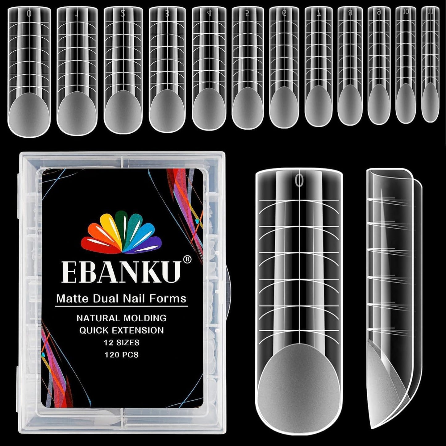 EBANKU 120PCS Dual Nail Forms Matte Poly Gel Nail Molds Square Full Cover Coffin Nail Tips Extension Forms 12 Sizes for Toenail Manicure Nail Art Design Salon&DIY