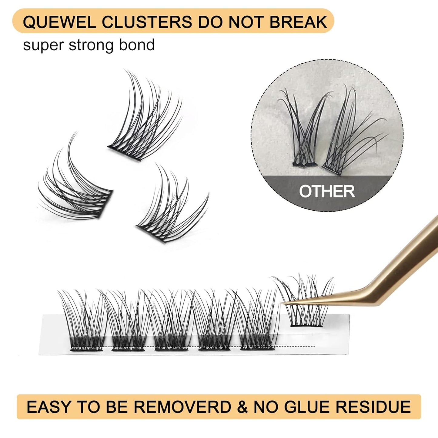 QUEWEL Lash Clusters 72 Pcs Cluster Lashes Wide Stem Eyelash Clusters C/D Curl 8-16mm DIY Eyelash Extensions Natural Style for Self Easy To Use at Home (Natural-D-16)