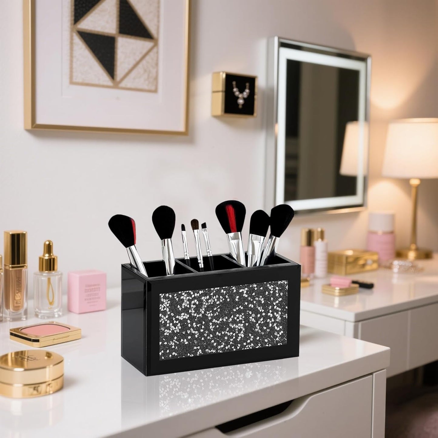 SHYFOY Black Makeup Brush Holder Organizer, 3 Slots Glass Cosmetic Brushes Storage Holder with Crushed Diamond, Pencil Pen Holder for Desk, Desk Organizer and Accessories for Vanity