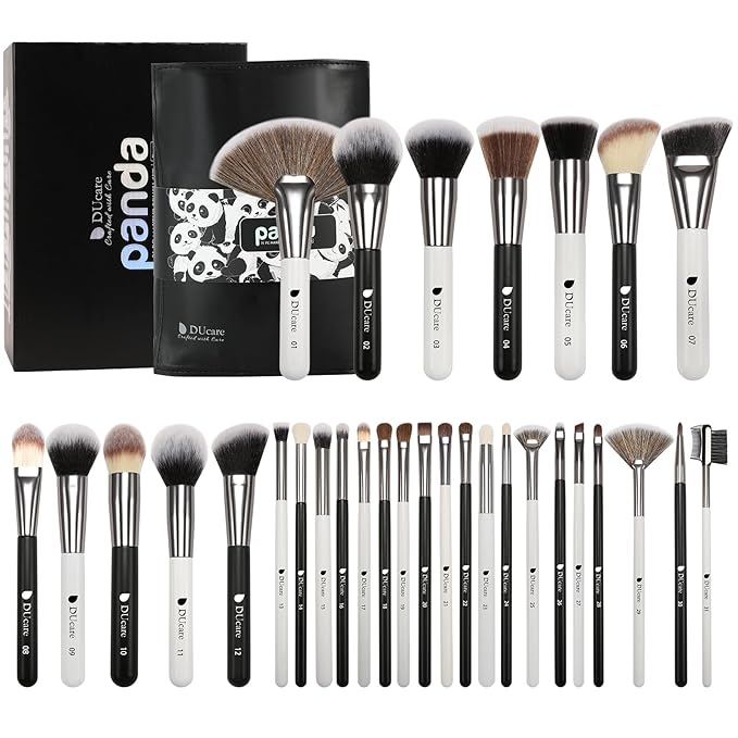 DUcare Professional Makeup Brushes 31Pcs Panda Series Makeup Brush Set Kabuki Foundation Blending Face Powder Blush Concealers Eye Shadows With Leather Case Organizer