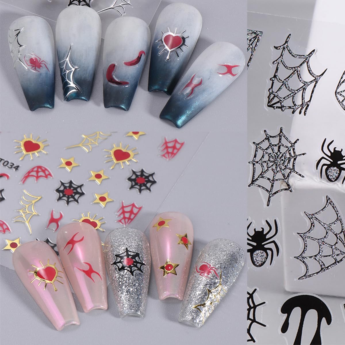 6 Sheets Spider 3D Self-Adhesive Gold Silver Red Web Star Design Decals for Women Halloween, Holiday & More: French Nail Art Supplies & Rhinestones Nail Art Charm