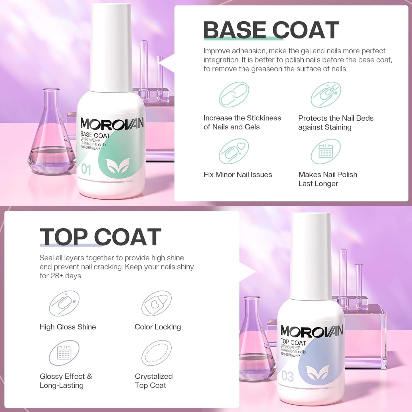 Morovan Dip Powder Liquid Set with Activator Base Top Coat and Dipping Powder Brush Saver 4pcs 0.5oz for Dip Powder Nail Kit