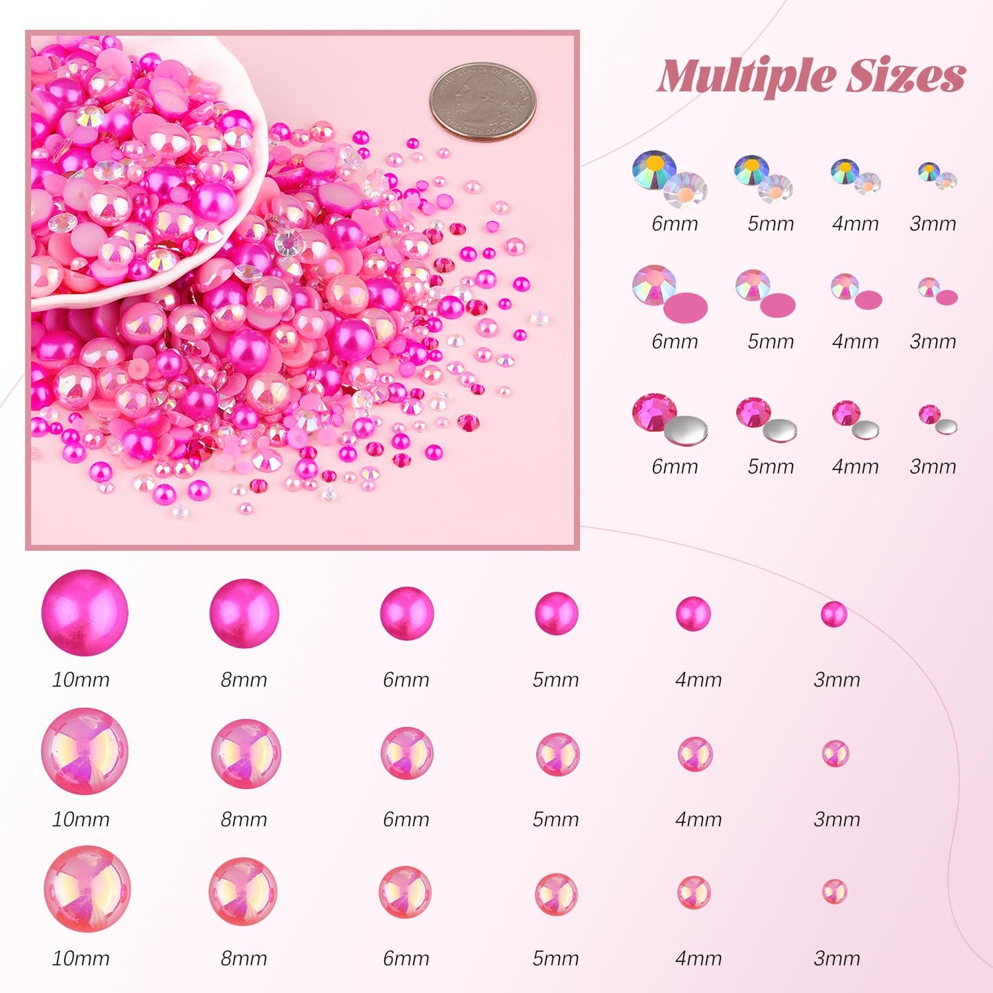 80g Flatback Pearls and Rhinestones for Crafting, Dark Pink Mixed Size 3-10mm Resin Rhinestones and Half Pearls for Bedazzling, Nail Art and Decoration with Tweezer and Pickup Pencil