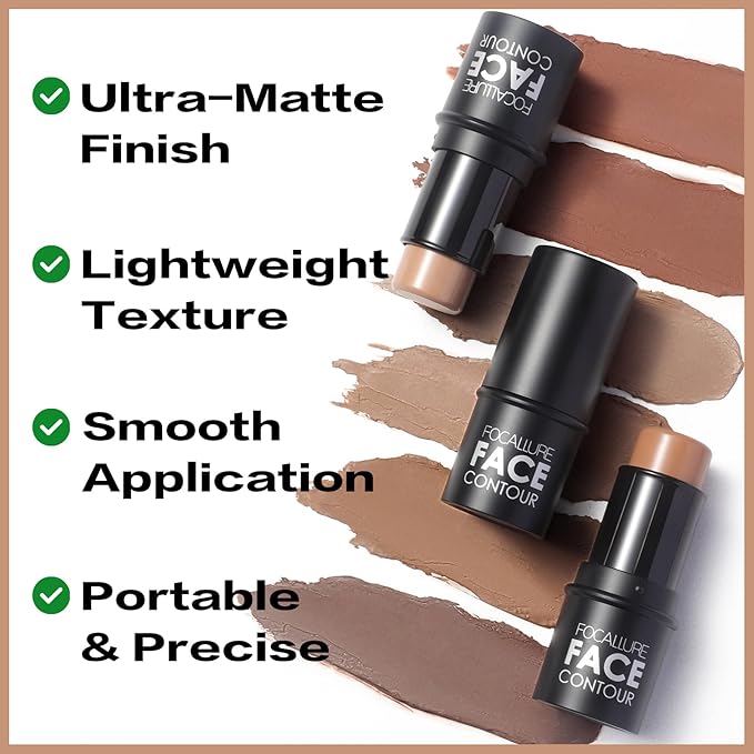 FOCALLURE Cream Contour Stick, Matte Bronzer Stick, Professional Face Shaping & Contouring Stick Makeup, Easy to Apply with Buildable Coverage, Long Lasting & Sweatproof, HAZEL WOOD