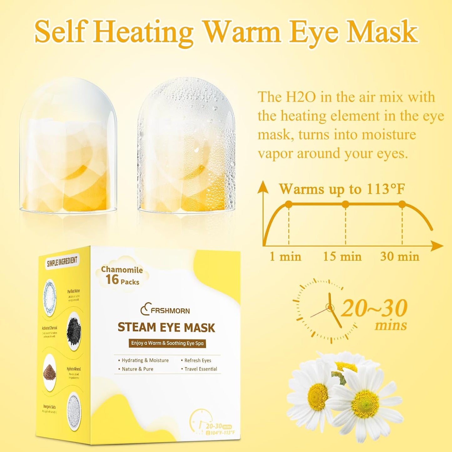 16 Packs Steam Eye Mask, Heated Eye Mask for Sleeping, Warm Compress for Eyes, Self Heating Disposal Eye Mask Comfortable Sleep Mask for Home, Office, Spa, Travel Essentials (Chamomile)