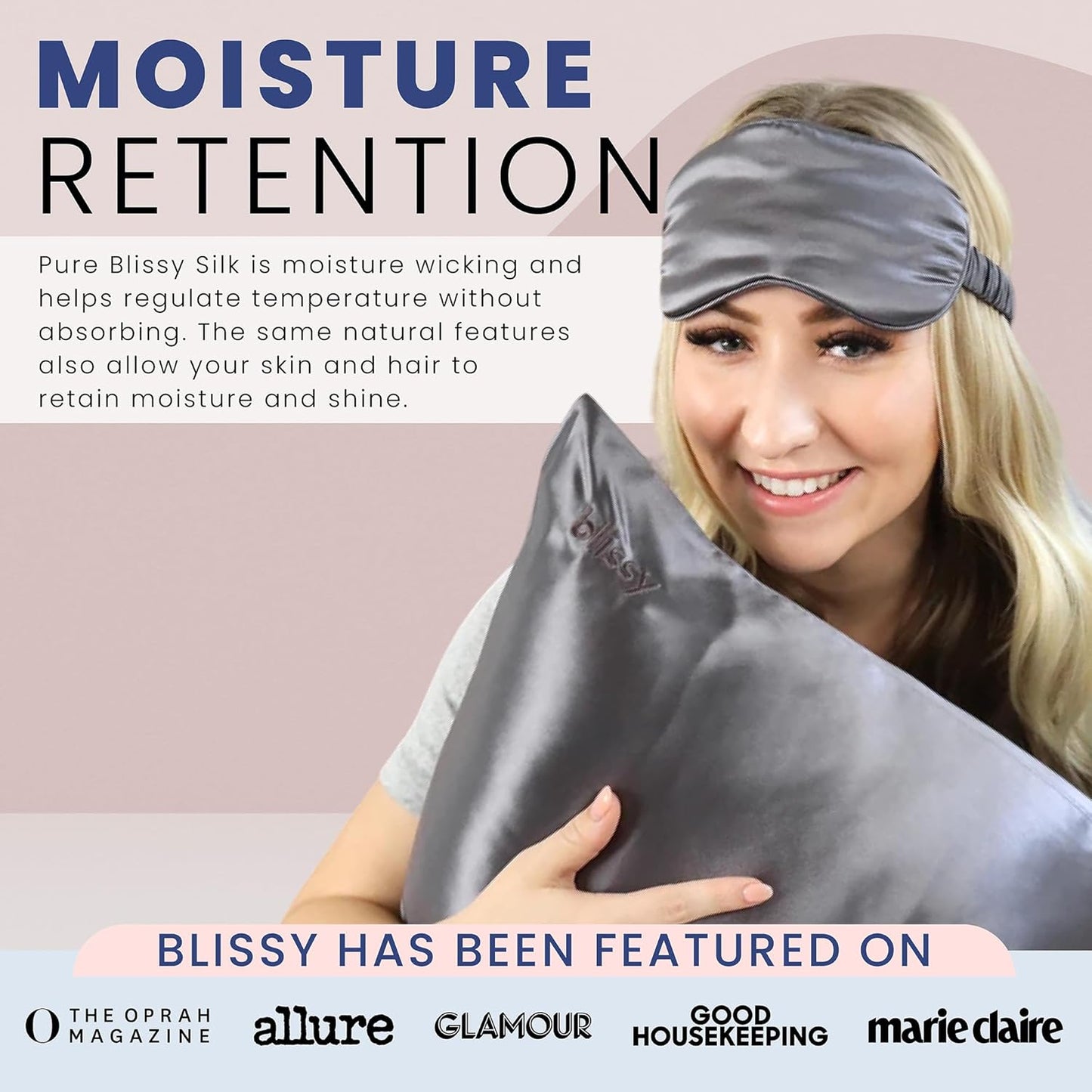 Blissy Silk Sleep Mask - Silk Eye Sleeping Mask for Women & Men for Total Blackout - 100% Pure Mulberry Silk, 22 Momme 6a Fibers - Blindfold Silk Sleep Mask Side Sleeper Eye Cover (Grey)