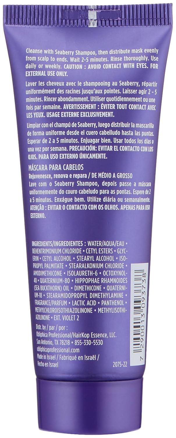 Obliphica Seaberry Hair Mask - Deep Conditioning Hydrating Treatment for Dry and Damaged Hair - Moisturizing Hair Repair and Growth Mask for Medium, Coarse, and Color-Treated Hair - 2.64 Fl Oz