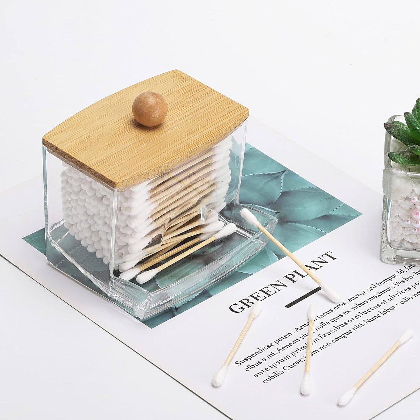 Tbestmax 10oz Qtip Holder Dispenser with Bamboo Lids, Big Clear Bathroom Organizer Accessories Decor for Storage-Qtips Cotton Ball Holder Apothecary Jars, Cotton Swabs, Floss Container