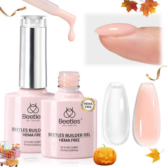 Beetles Builder Gel for Nails HEMA-Free,2 Colors 7 in 1 Clear & Nude Strengthener Gel for Building Nail Apex & Extension LED Lamp Cured Sensitive Nails Friendly for Beginners & DIY Fall Nails Salon