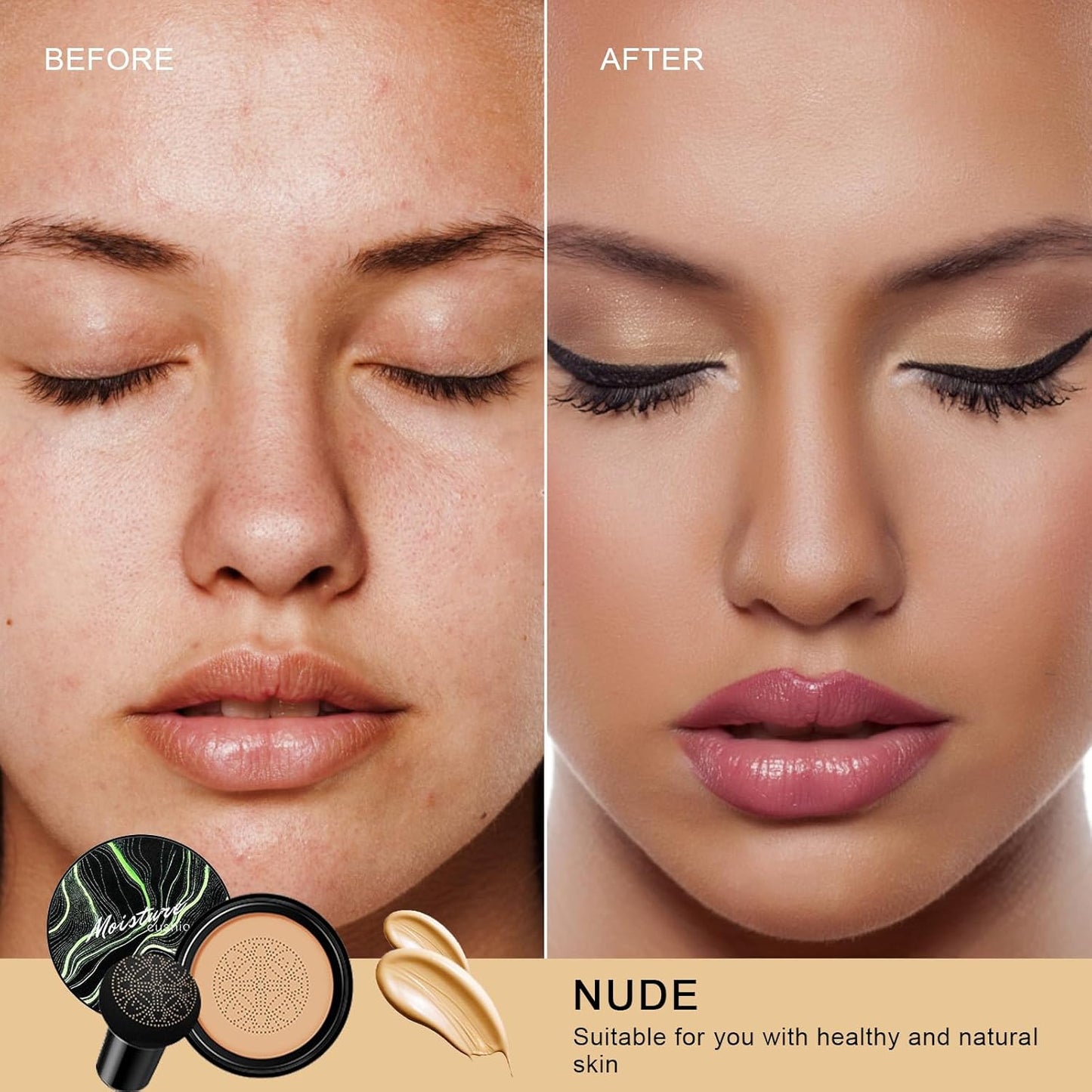 Mushroom Head Air Cushion CC Cream - BB Cream Face Makeup for Mature Skin, Moisturizing Cover Balm Foundation & Long-Lasting Color Correcting Concealer, Even Skin Tone for All Skin Types (Nude)