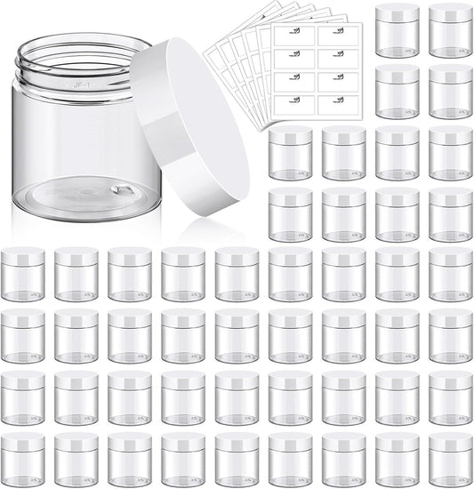 TUZAZO 48 Pack 4 Oz Plastic Container Jars with Lids and Labels BPA Free, Empty Round Clear Cosmetic Containers Plastic Slime Jars for Lotion, Cream, Ointments, Body Butter, Travel Storage (48)