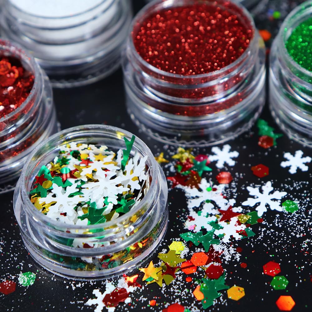 Christmas Nail Art Glitters Powder Snowflake Sequins Winter Nail Art Decorations 3D Holographic Green Red White Flakes Nail Decals Manicure Winter Xmas Glitters for Face Hair Nails Design 6Grids