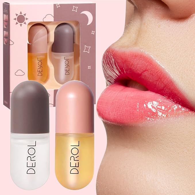 DEROL 2Pcs Natural Lip Plumper, Plant Extracts Plumping Lip Serum, Lip Enhancer Including Day and Night Lip Plumping Balm, Lip Care Serum for Fuller & Hydrated Sexy Lip (5.5MLX2)