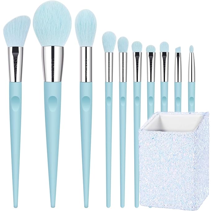 DUcare Makeup Brushes with Holder - 10Pcs Professional Synthetic Make Up Brushes Set for Blush Concealer Foundation Bronzer Powder Eyebrow Contour Eyeshadow Blending Makeup Brush Set, Ice Lake Blue