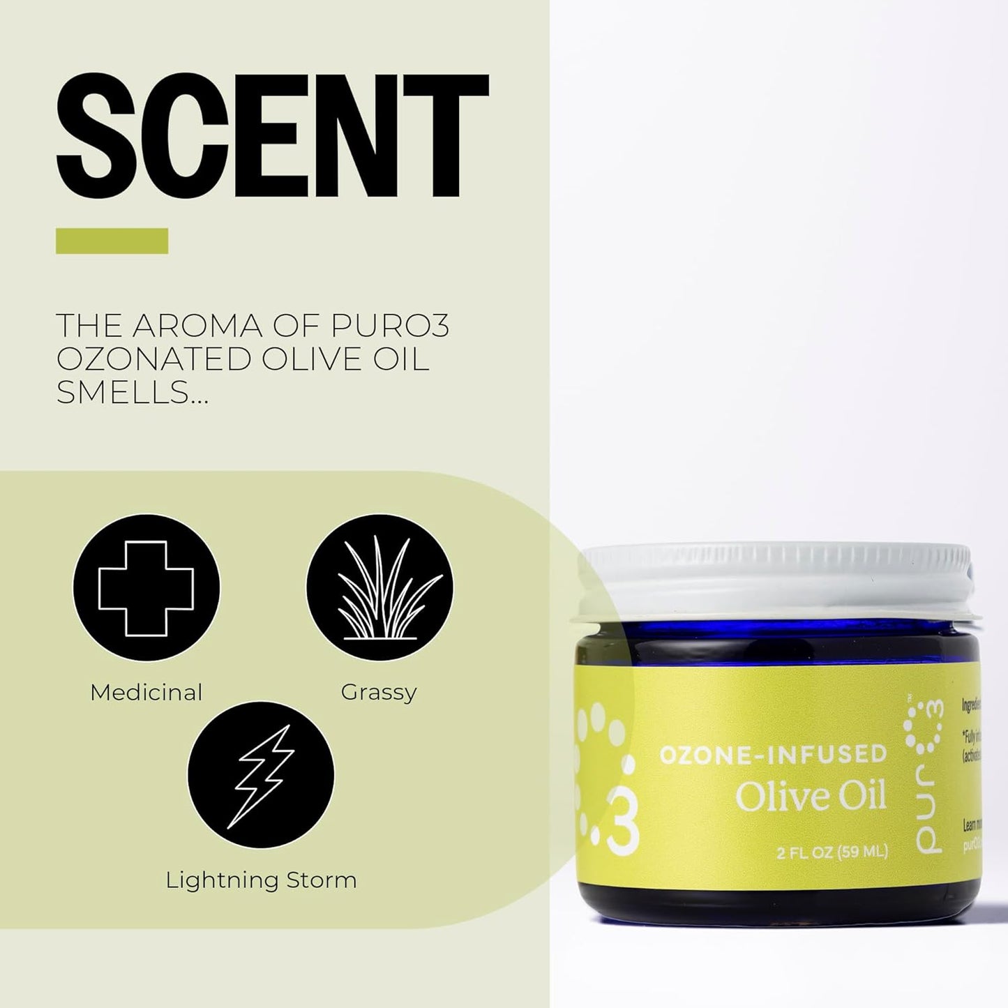 PurO3 Ozonated Olive Oil – Pure, Natural, Organic Skincare for Face & Body – Oxygenated Healing Lotion, Moisturizer & Beauty Cream in a Glass Jar – O3 Therapy Salve, 2 oz