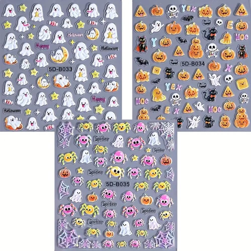 5D Embossed Halloween Nail Stickers 5D Self-Adhesive Bat Skull Pumpkin Nail Supplies Cute Little Ghost Nail Decals Kawaii Spider Spider Web Nails Designs for Women Holiday DIY Manicure 3 Sheet