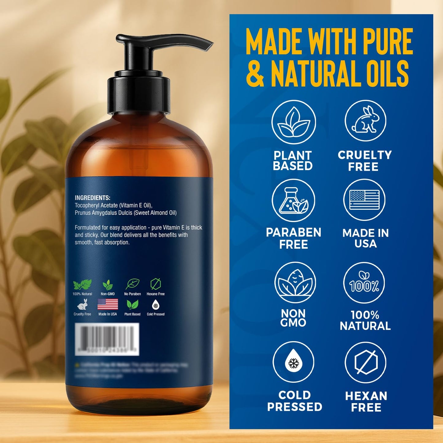 Pure Vitamin E Oil 30,000 IU, 8 fl oz - Cold-Pressed, Hexane Free, Natural Moisturizer for Skin & Face - Supports Scar & Stretch Mark Care by Nexon Botanics