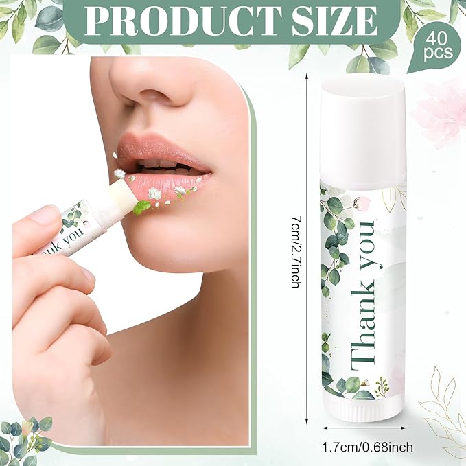 Demissle 40 Pcs Lip Balms with Jasmine Scent and Green Leaves - Moisturizing Gift for Wedding, Baby Shower, Gender Reveal Party