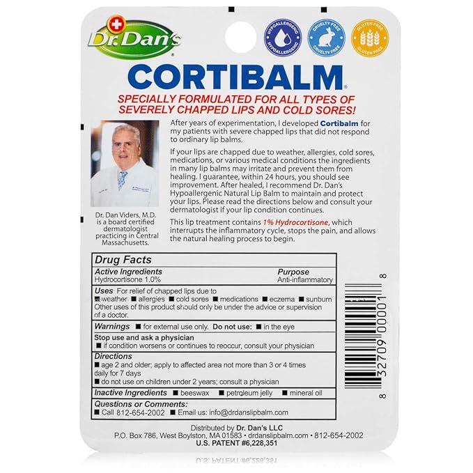Dr. Dan's Cortibalm- 3 Pack- for Dry Cracked Lips - Healing Lip Balm for Severely Chapped Lips - Designed for Men, Women and Children