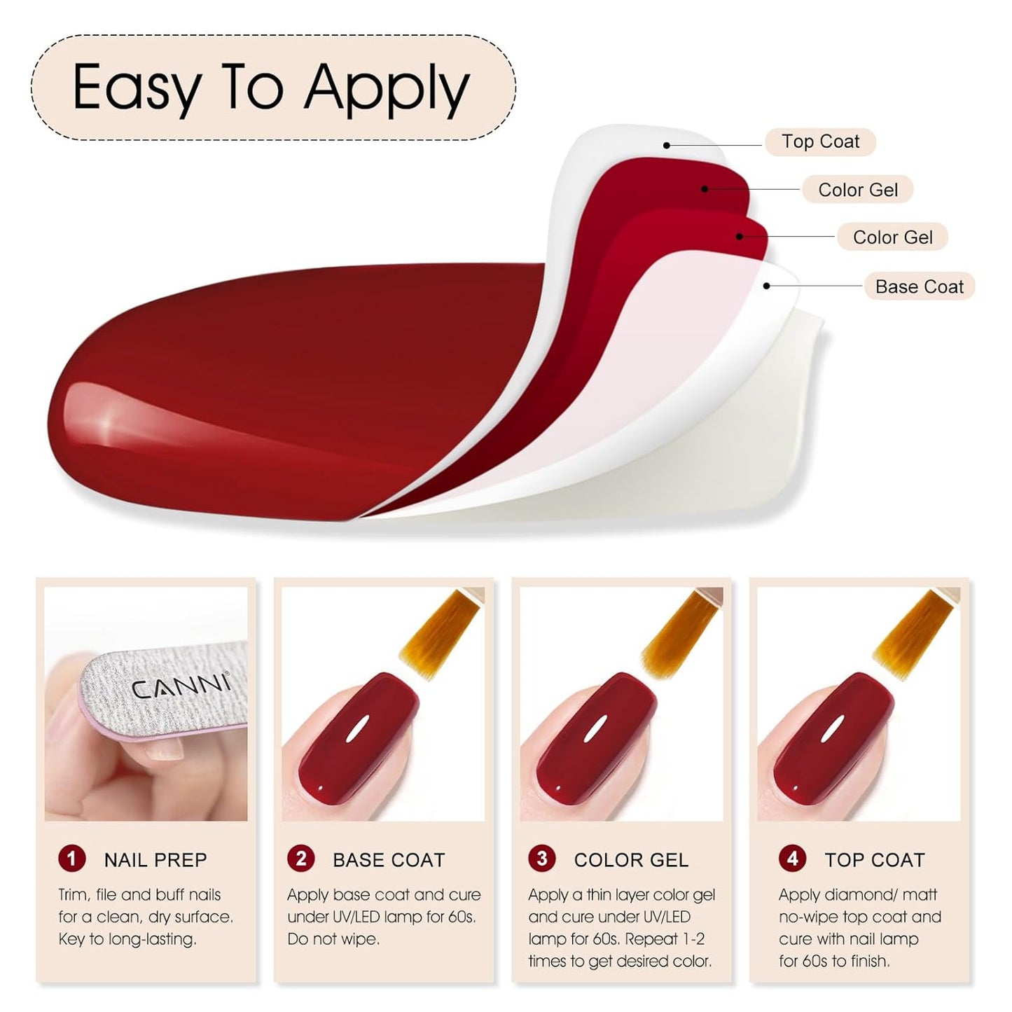 CANNI Red Gel Polish, 1Pcs Deep Dark Red Color Nail Polish Gel High Gloss Soak Off UV French Nail Manicure Salon DIY