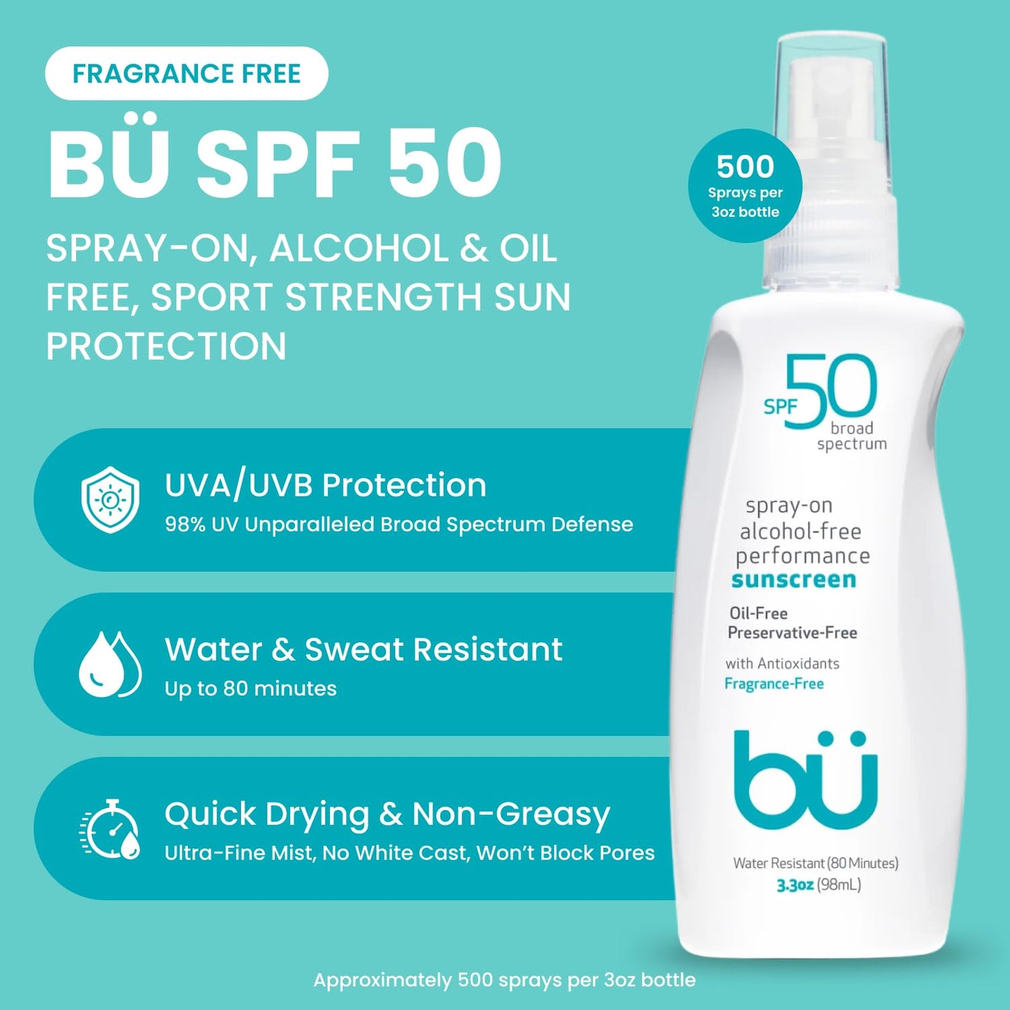 BU SPF 50 Sunscreen Spray for Face and Body, Fragrance Free, Clear, Non Greasy, Water Resistant, for Sensitive Skin, 3.3 oz