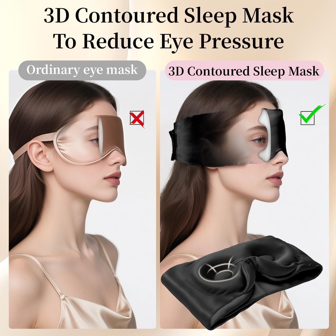 USlixury Silk Sleep Mask, 3D Contoured Sleeping Masks, Blackout Sleep Masks for Women with Nose Wing,100% Mulberry Silk, Face-Hugging Non-Slip SLEP Mask for Side Sleeper, 27.5x4.5'', Black