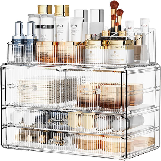 ZHIAI Stackable Storage Drawers, Acrylic Bathroom Counter Organizer Clear Makeup Organizers for Vanity, Kitchen Cabinets, Bathroom, Undersink, Home Organization and Storage (1 Top 4 Drawers D)
