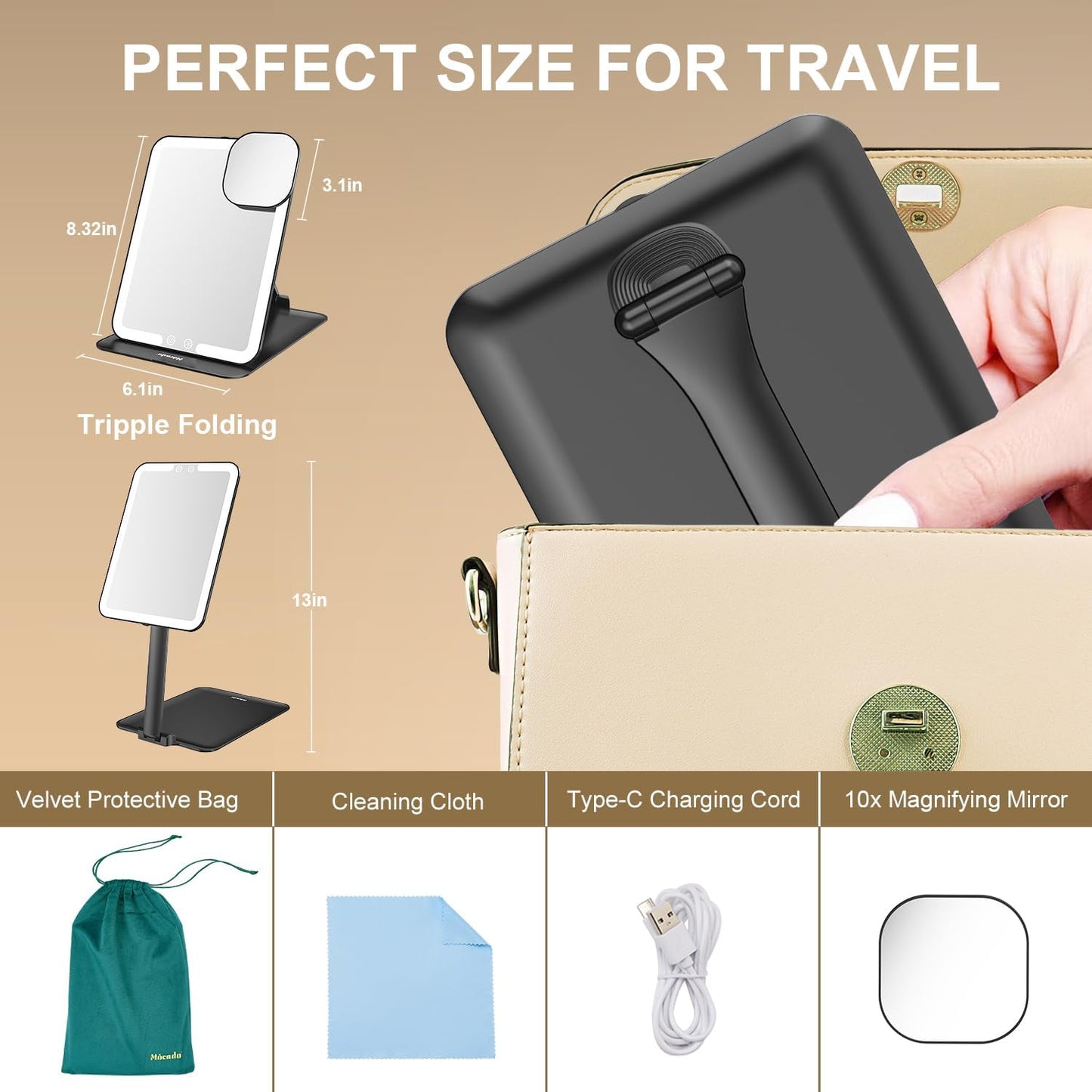 Mocado Travel Makeup Mirror with Light, Tripple Folding Vanity Mirror with Lights, 3 Colors Lighted Makeup Mirror, 1500mAh Rechargeable, Memory Function, Freely Adjust Height and Angle(Black)