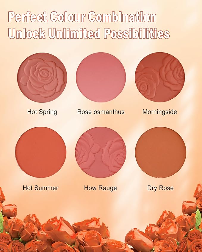 Matte Rose Face Blush Palette Kit with Brush-6 Color High Pigment Silky Mineral Blendable Blusher Contour Powder for Cheeks,Longlasting Eyeshadow Facial Beauty Cosmetic Makeup Gift for Women-Set 02