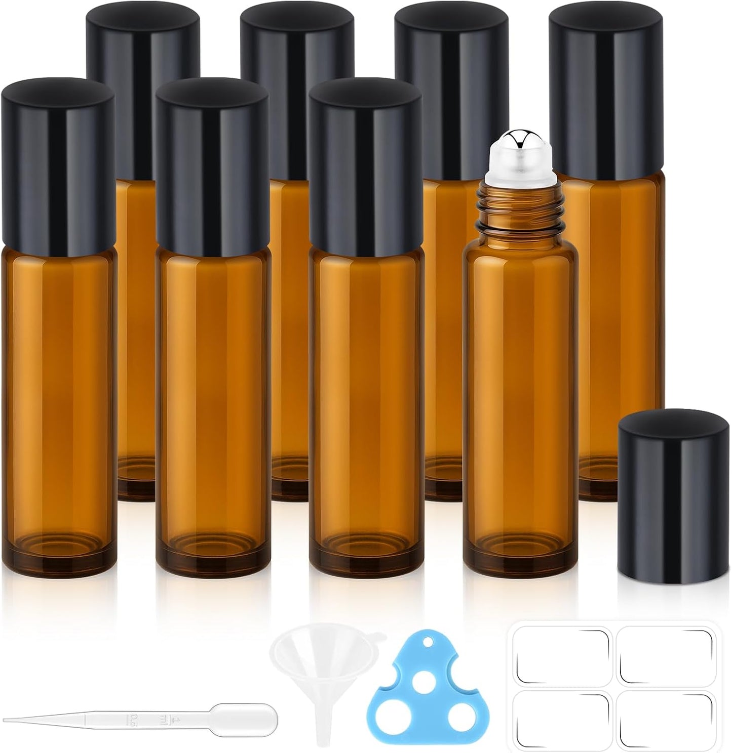 8 Pack 10ml Essential Oil Roller Bottles, Amber Leak-Proof Glass Roll on Bottles, Roller Ball Applicator, Opener, Droppers, Funnel, Labels, Refillable for Perfume & DIY Skincare