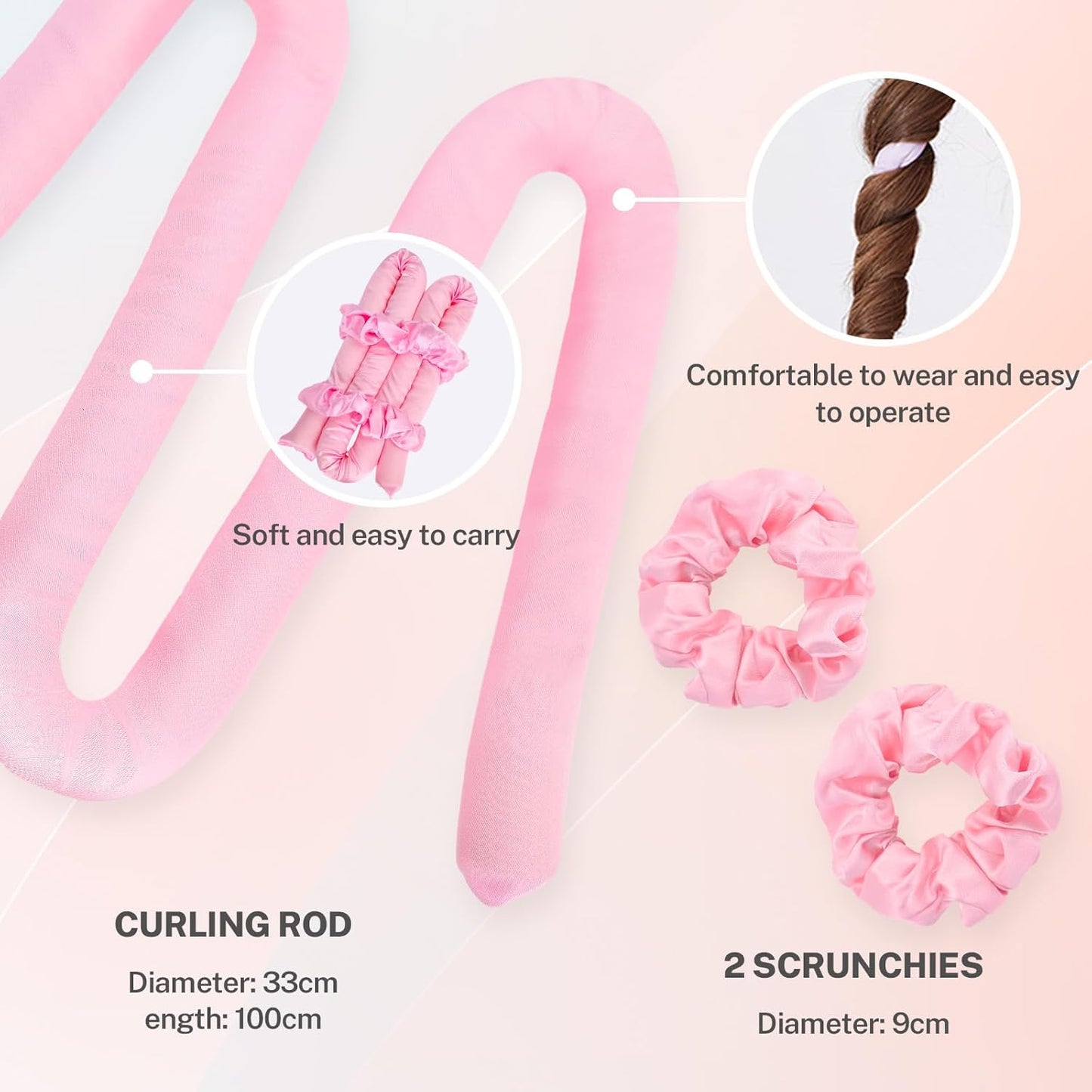 Satin Heatless Curling Set,Overnight Curls Hair Rollers with Hair Scrunchies,Sleep-Friendly Damage-Free Curlers for Soft Natural Waves (Pink)