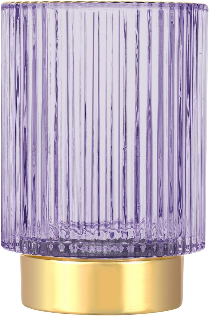 DASITON Makeup Brush holder Organizer,Crystal Cosmetic Makeup Brush Glass Brushes Storage Holder, Vintage Make Up Brush Cup Pen Pencil Holder striped vase(Purple L)