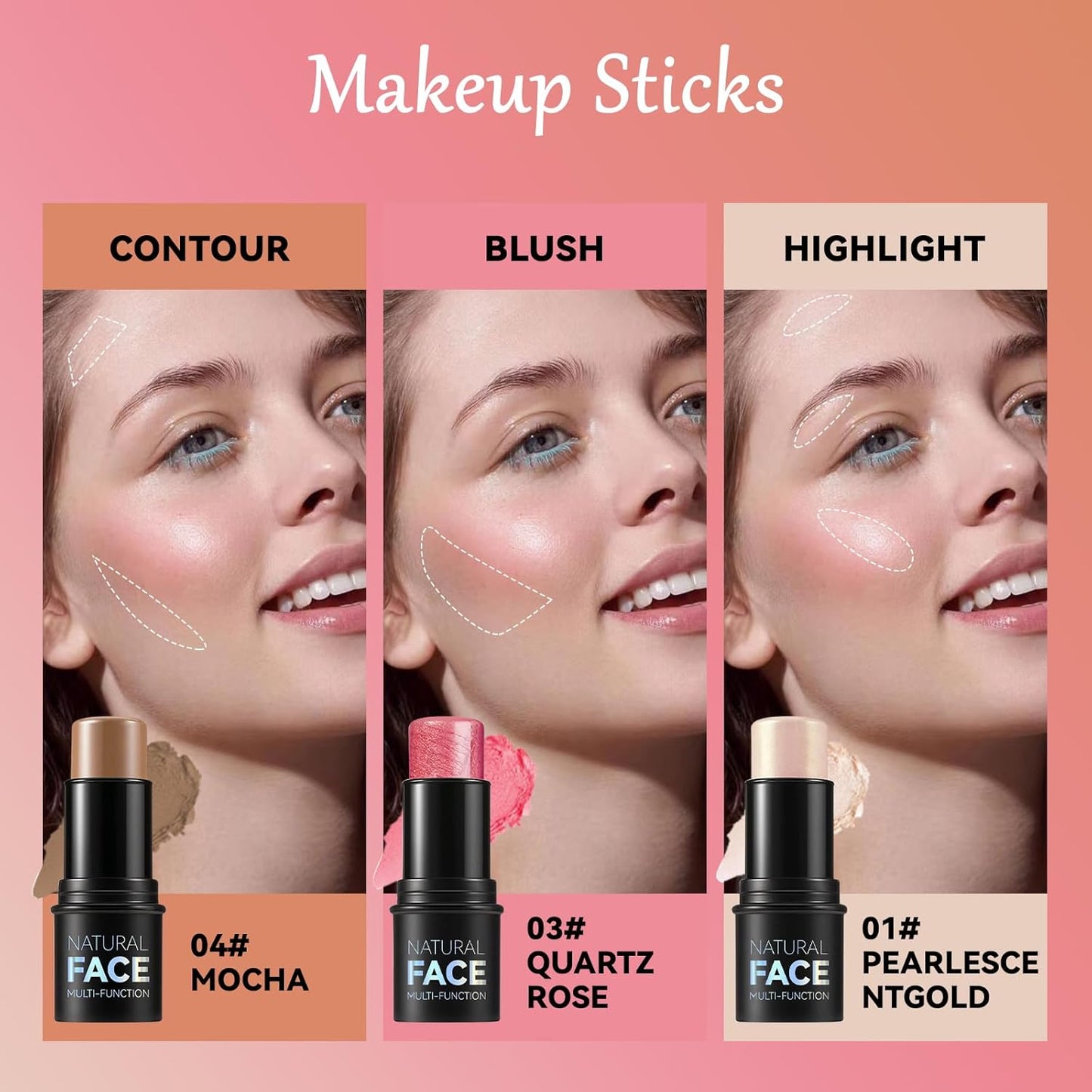 3Pcs Cream Contour Stick Makeup Kit,Create Face Contour,Highlighter Stick,Blush stick for Sculpt the Cheeks,Bronzer Contour Sticks,Waterproof Long-lasting Contour set,Non-greasy（01#,03#,04#）