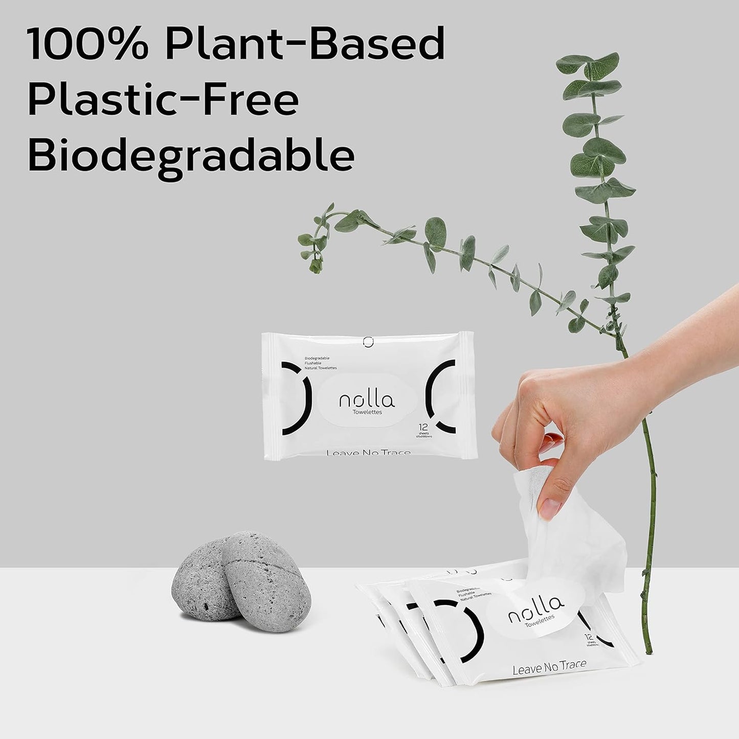 Nolla Flushable Wipes Travel Packs, 100% Plant-Based, Plastic-Free and Biodegradable - Unscented + Soothing Aloe and Vitamin E 120 Count (10 Packs of 12)