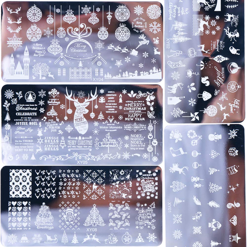Christmas Nail Stamping Plates, 5Pcs Christmas Nail Stamper Kit Snowflakes Xmas Tree Bell Snowman Elk Nail Art Stencils Plates Winter Nail Stamp Kit Manicure Template Design Tool