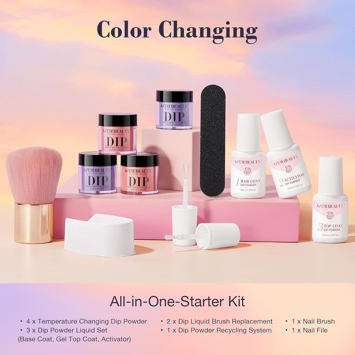 AZUREBEAUTY Dip Powder Nail Kit, Color Changing Glitter Pink Blue Purple Orange Mood Temperature Dipping Powder Liquid Set with Base Top Coat Activator for Home Manicure Gift