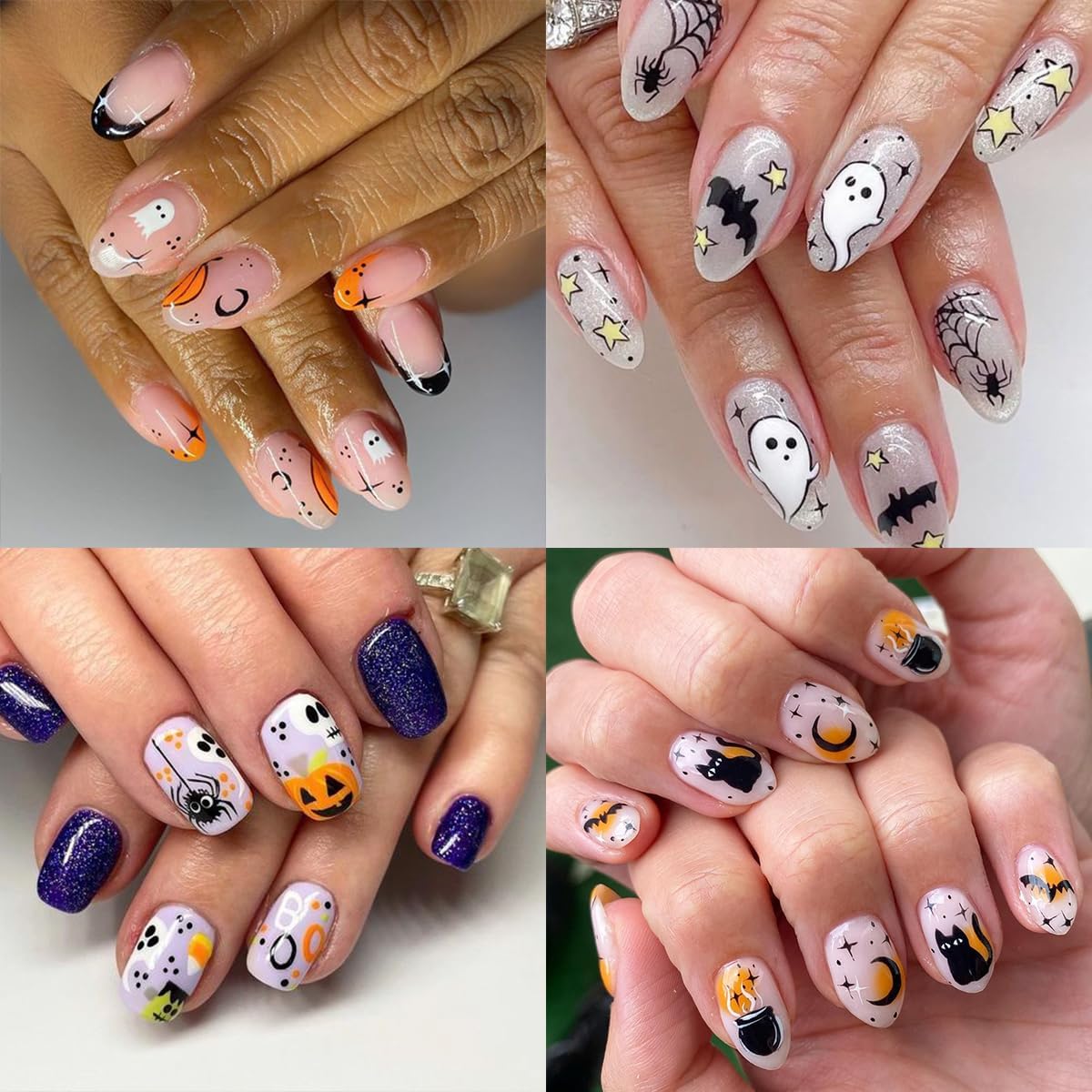 6Sheets Halloween Nail Art Stickers - 3D Self-Adhesive Cute Ghost, Bat, Skull, Cat, Pumpkin, Spider Web, Skeleton Designs for Women's DIY Nail Decor