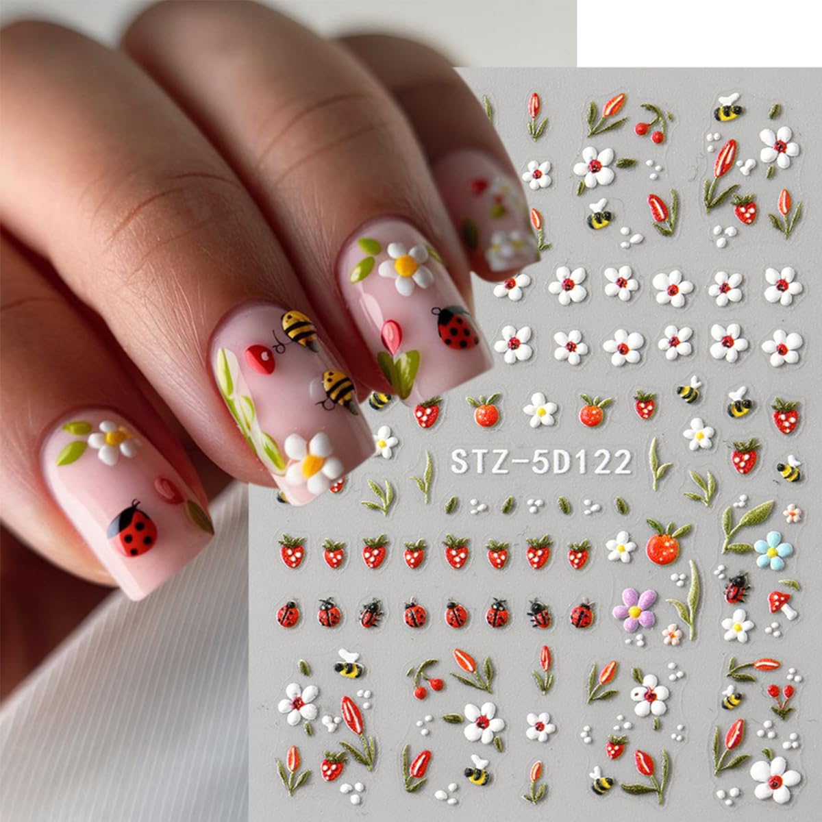 5D Flowers Nail Stickers for Nail Art Cute Bee Ladybug Small Floral Nail Decals Self-Adhesive Summer Nail Art Stickers Strawberry Peach Blossom Leaf Nail Design Manicure Supplies for Women 4 Sheets