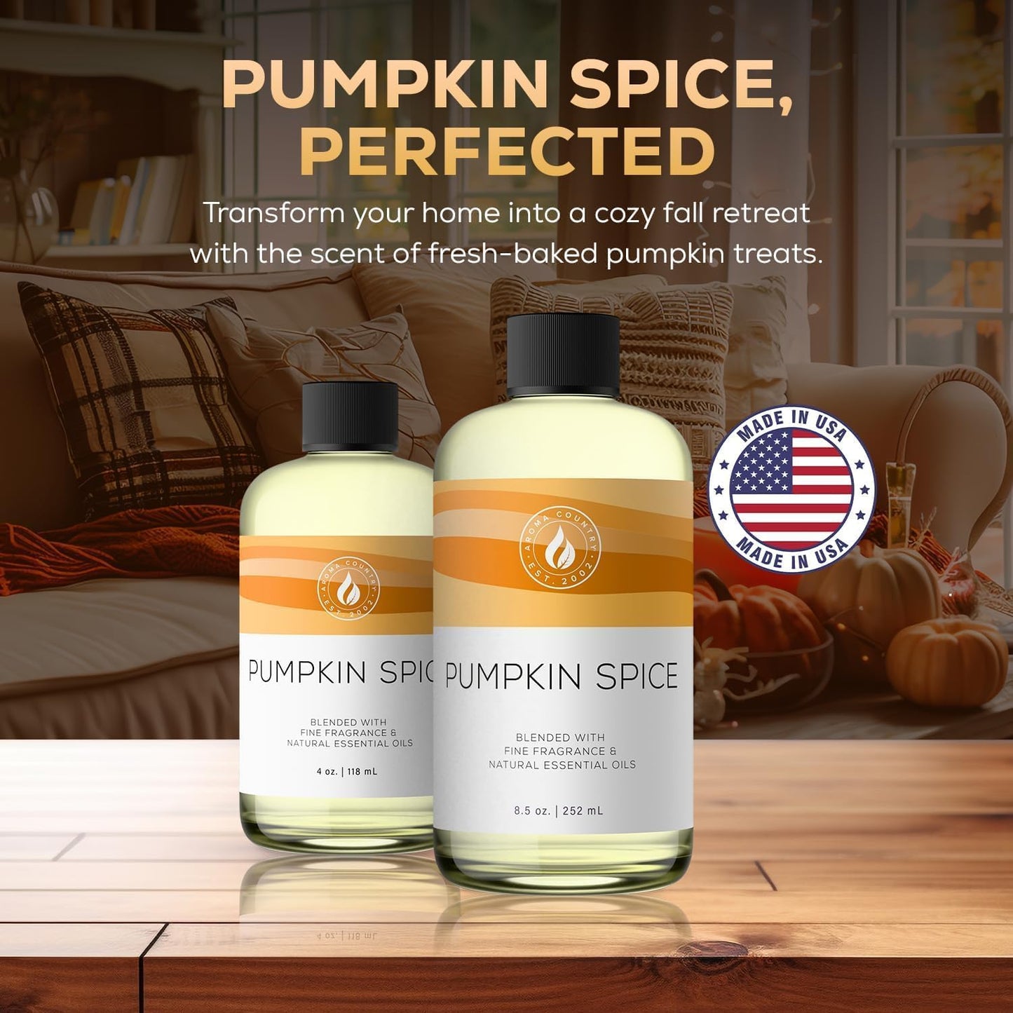 Aroma Country Pumpkin Spice Diffuser Oil - Luxury Essential Oils for Diffuser Refill & Air Freshener Room Spray, Long-Lasting, Natural Home Fragrance for Diffusers & Machines (4 Fl Oz)