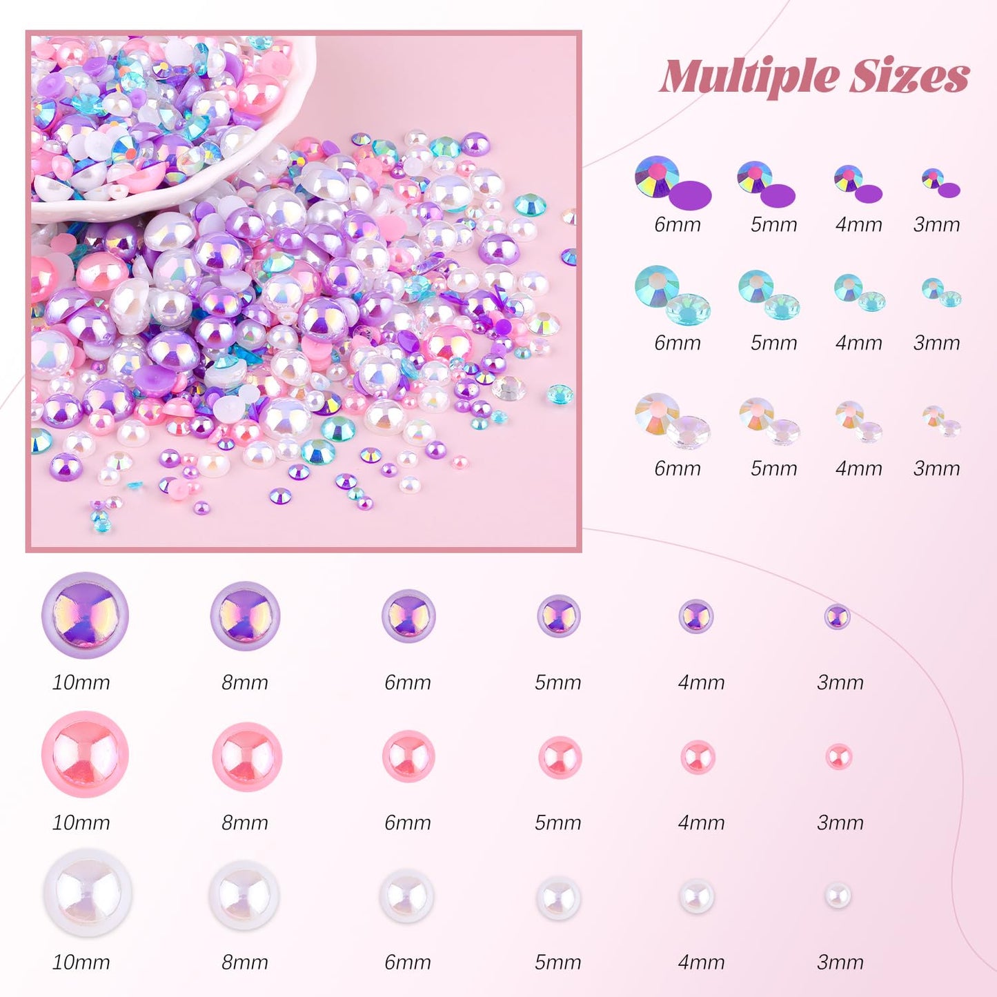 80g Flatback Pearls and Rhinestones for Crafting, Pink Purple Mixed Size 3-10mm Resin Rhinestones and Half Pearls for Bedazzling, Nail Art and Decoration with Tweezer and Pickup Pencil