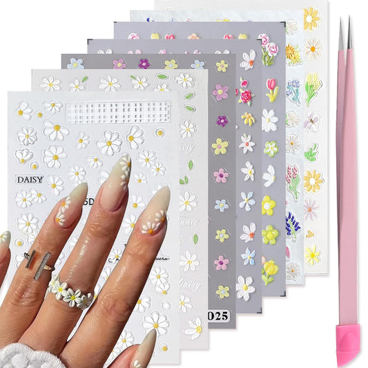 Flower Nail Art Stickers 7 Sheets 5D Nail Decals Spring Summer Nails Art Design 3D Self-Adhesive Supplies White Yellowe Daisy Flower Nails Decoration for Women DIY Design