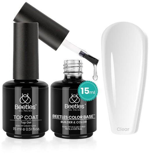 Beetles Gel Top Coat & Clear Rubber Base Gel Polish Set, 2Pcs 15ml Top Coat Nail Polish and Clear Nail Polish Soak Off UV LED for Nail Art Long Lasting DIY Manicure Use Gifts for Women